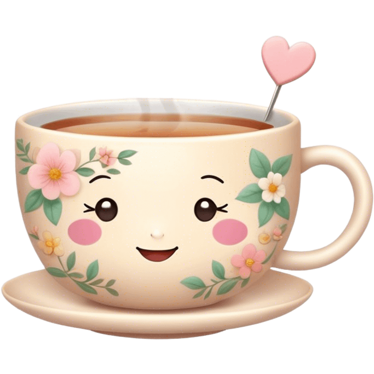 Cute Kawaii Tea Cup, steaming with warmth, a charming smiling face, soft pastel tones, delicate floral patterns, a tiny heart-shaped tea bag tag, cozy and inviting! emoji