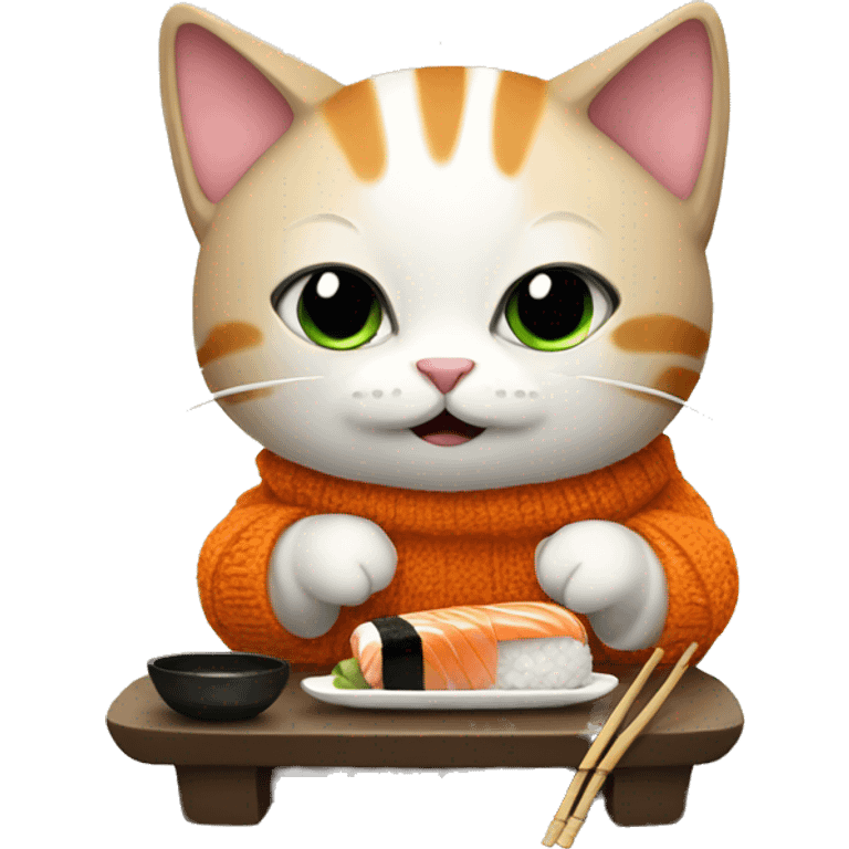 A cat wearing a sweater eating sushi  emoji