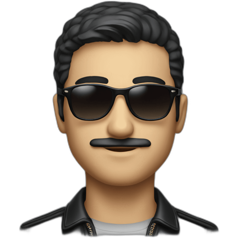 A young Iranian man with a short moustache in a cuir veste and Lacoste shirt and sunglasses and dark ai emoji