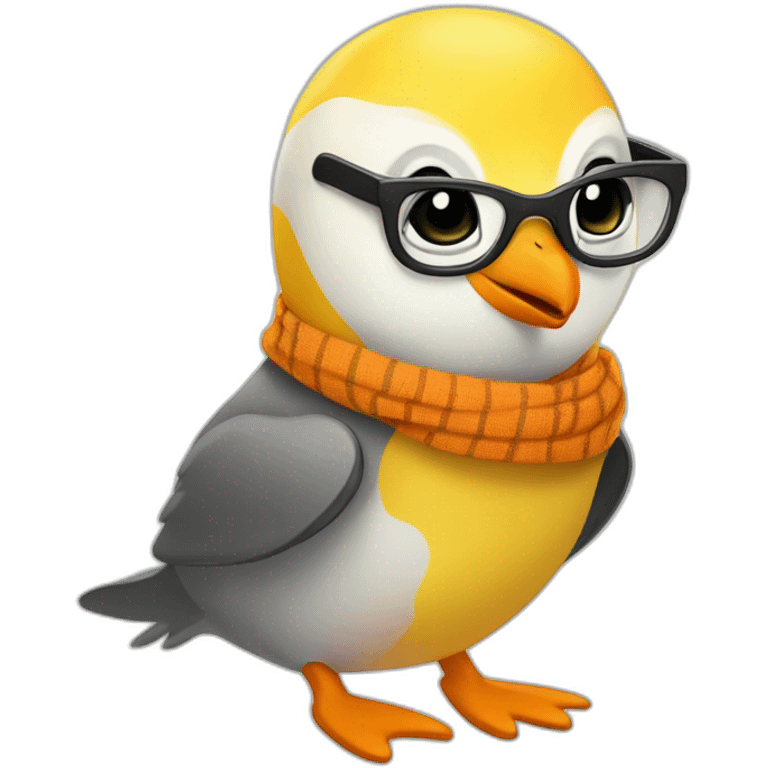 yellow penguin with black glasses dirtyblonde hair with orange tshirt and gray striped scarf emoji