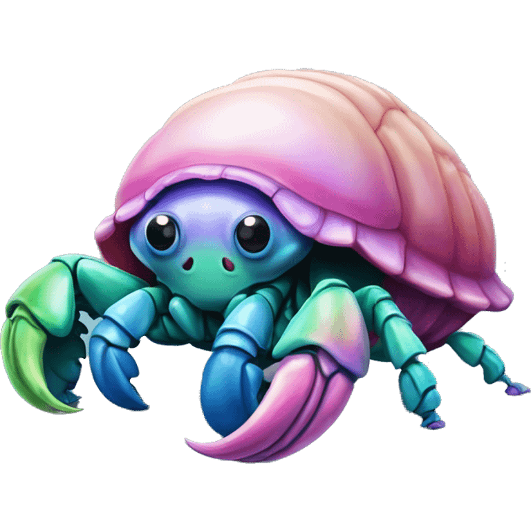 Purple pink blue green smiling hermit crab in its conal shell emoji