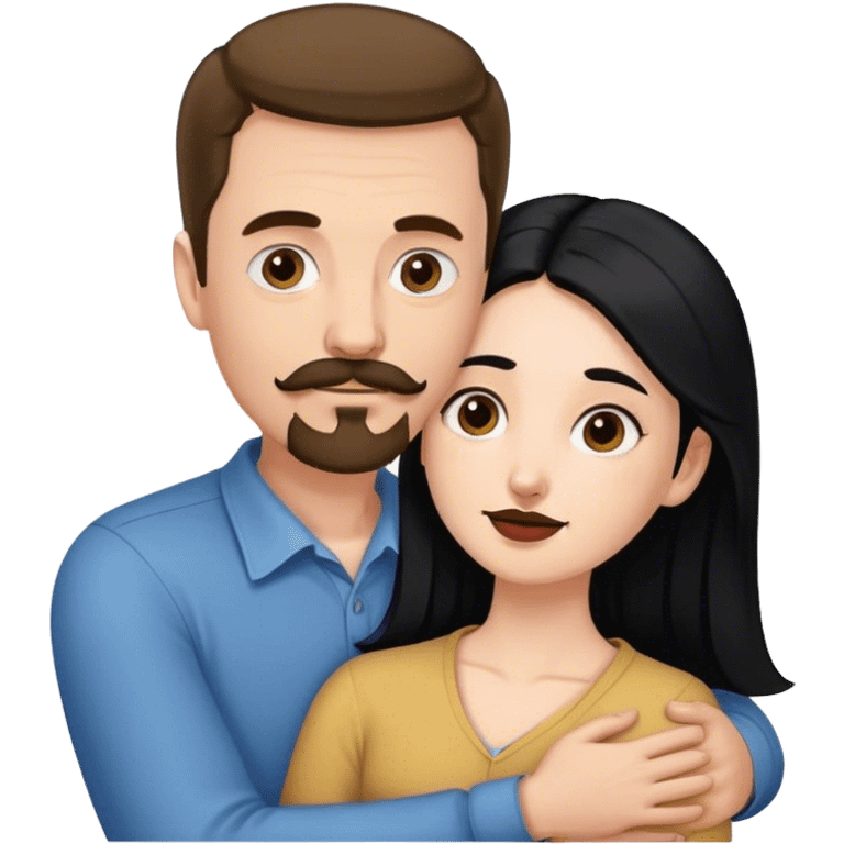 Tall white man with brown mustache and goatee hugging a short pale woman with long black hair emoji