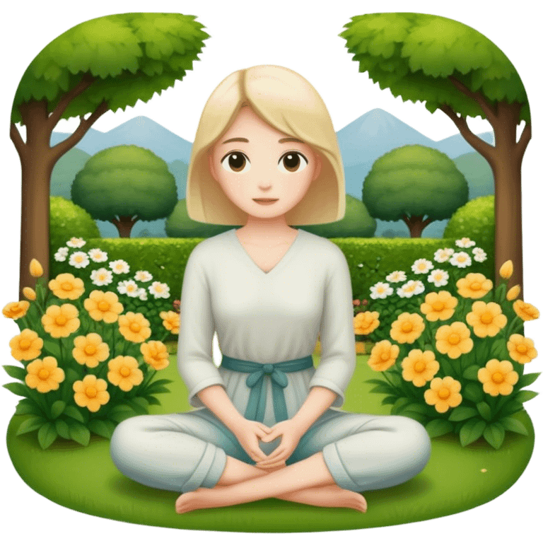 Woman sitting calmly in a peaceful garden emoji