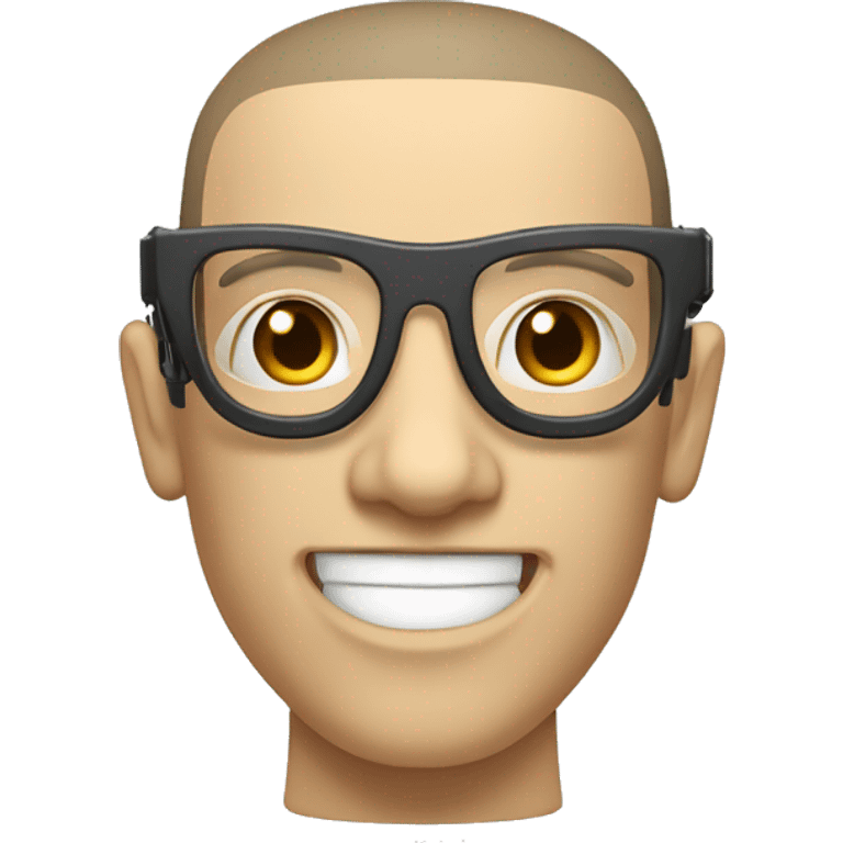 Cyborg head with fair skin, flat top haircut, rectangular glasses, circuits and smiling  emoji