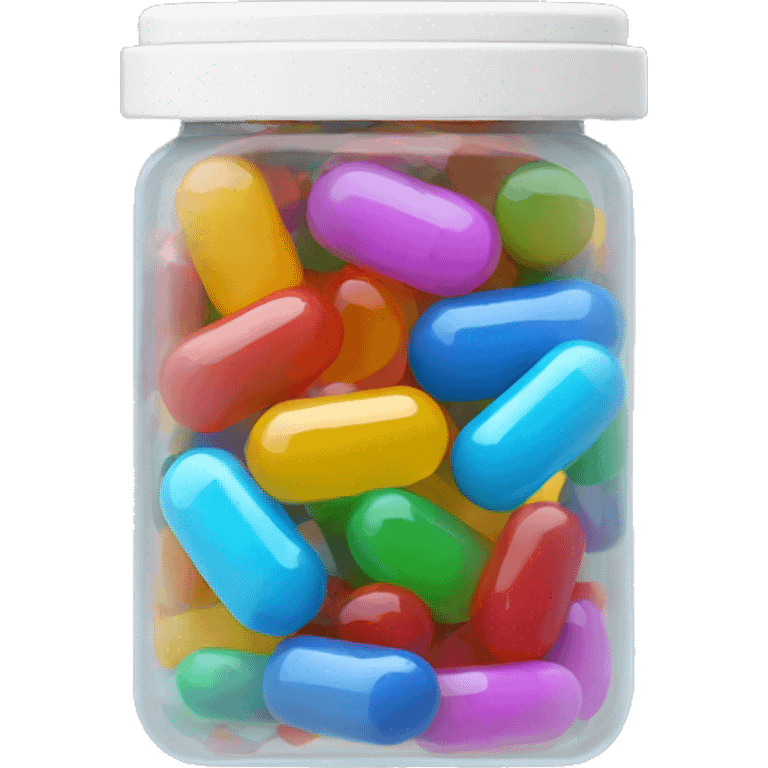 Small translucent plastic container with colorful pills inside emoji