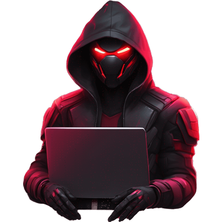 developer behind his laptop with this style : crysis Cyberpunk Riot Games Valorant neon glowing bright red character red dark black hooded assassin themed character emoji