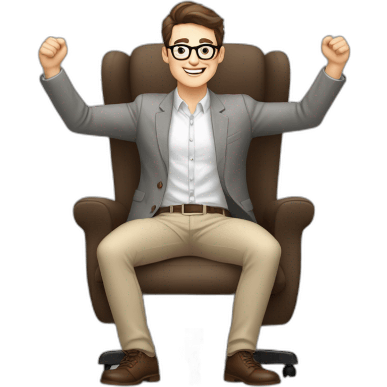 Joyful Celebrating victory Hands up Pale skinned Fit Man With dark brown hair in gray jacket, beige office shirt, Brown pants and vintage glasses sitting In a soft chair emoji