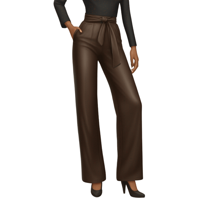 Dark brown High waisted leather wide leg pants with tie front emoji