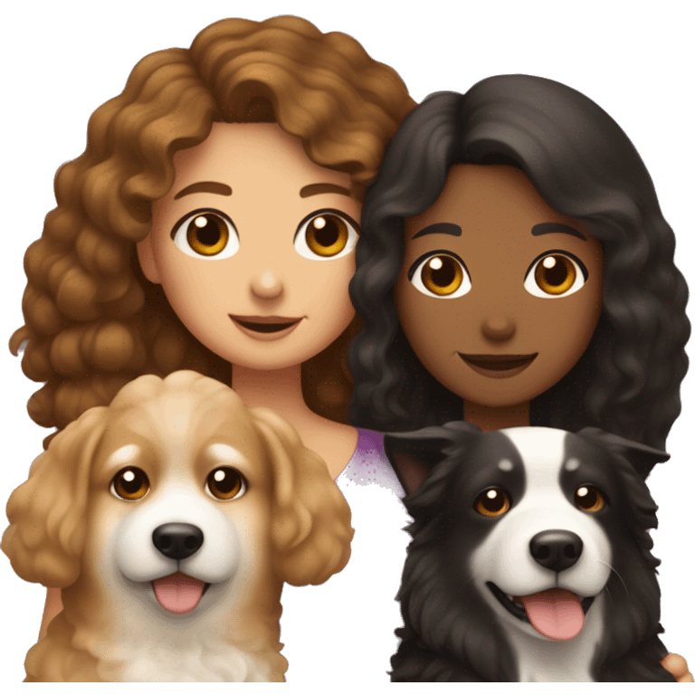 A Chinese girl with long brown curly hair is holding three dogs: one is a poodle, one is a black dog, and the other is a Shiba Inu. emoji