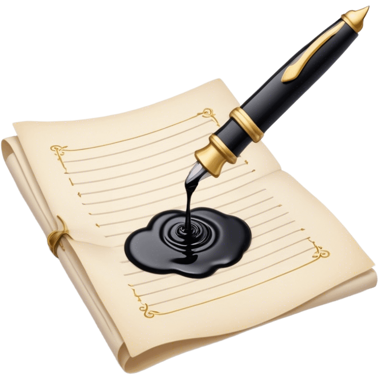 Create a delicate, artistic emoji representing poetry. The design should include a black fountain pen or quill with ink flowing gently onto a piece of parchment or scroll. Add soft, flowing lines to represent the fluidity of verse and creativity. Include elements like a small ink bottle or a feather in the background, and subtle accents of gold or silver to evoke elegance and inspiration. The overall design should feel light, romantic, and whimsical. Make the background transparent. emoji