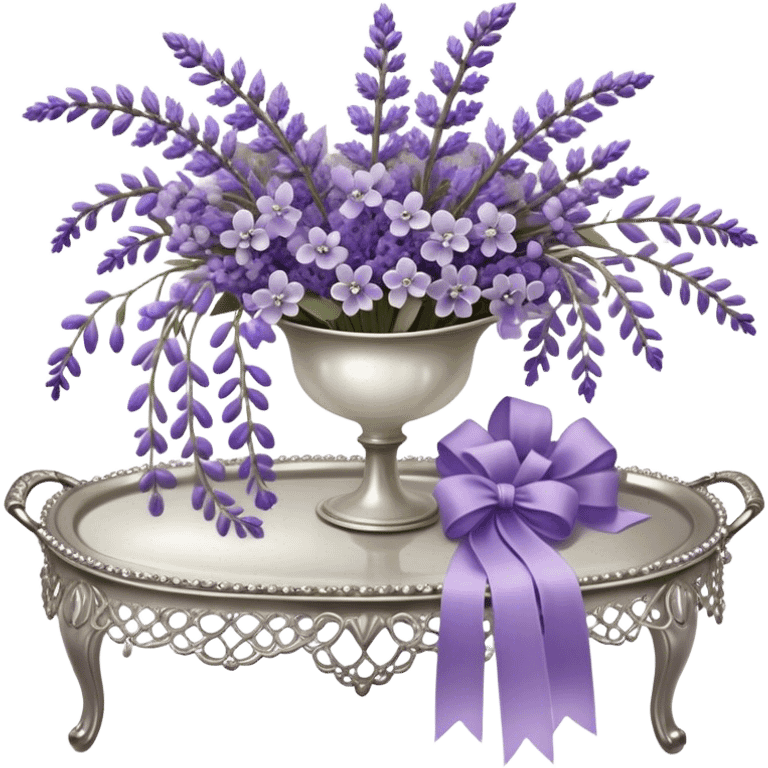 A cascading bouquet of lavender, blending soft lilac, dusky violet, and deep amethyst hues, is wrapped in delicate pearl-colored lace, tied with a silky wisteria ribbon. The stems, slightly uneven and wild, spill gently over the edge of an antique silver tray, where a few loose buds rest, their fragrance mingling with the faint scent of aged paper and timeworn fabric.
 emoji