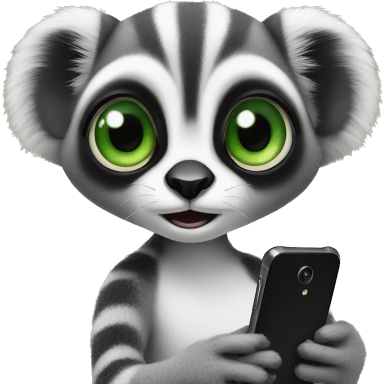 female lemur with giant green eyes uses a phone emoji