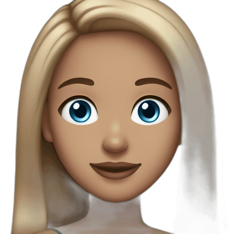 light skin woman, long straight brown hair, blue eyes, smile and makeup emoji