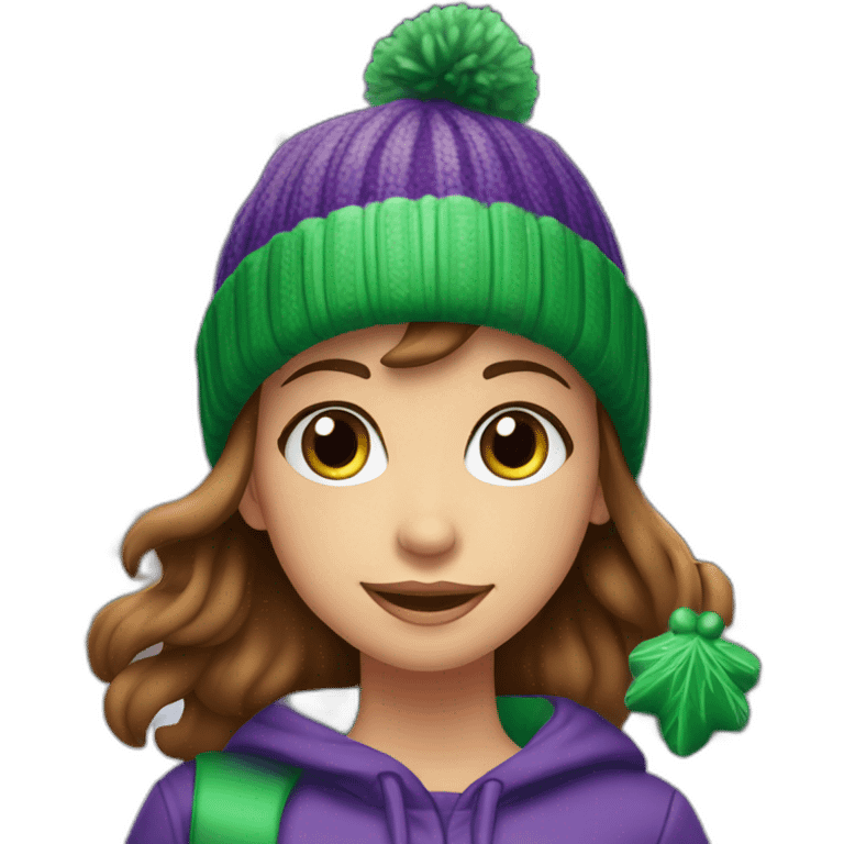 Girl with brown hair and green eyes in front of beautiful Christmas tree in new york city celebrating christmas and wearing a purple beanie emoji