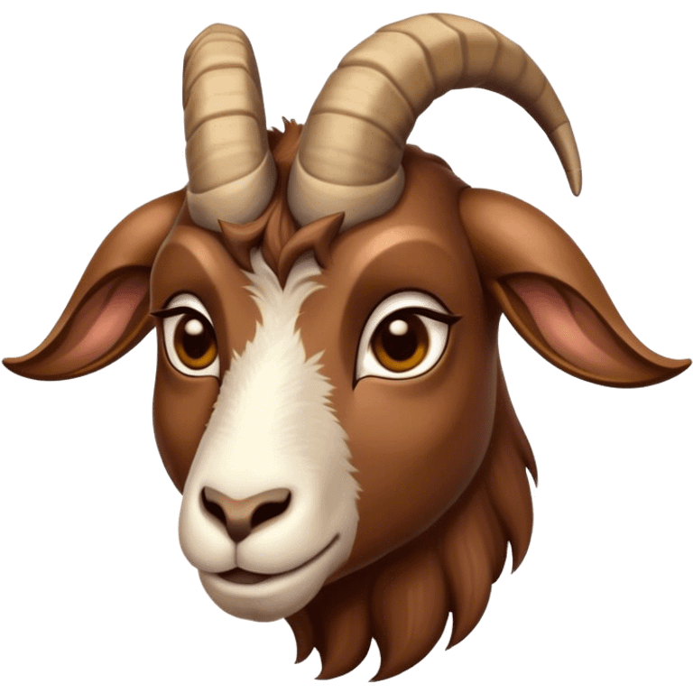 Cinematic Noble Brown Goat Portrait Emoji, Poised and regal, with a sturdy, agile build and a smooth, well-groomed rich brown fur accented by gracefully curved horns, deep-set soulful dark eyes, Simplified yet sharp and sophisticated features, highly detailed, glowing with a warm, dignified glow, high shine, intelligent and spirited, stylized with an air of rustic elegance, focused and attentive, soft glowing outline, capturing the essence of a watchful and confident goat, so majestic it feels as though it could leap out of the screen with effortless authority! emoji