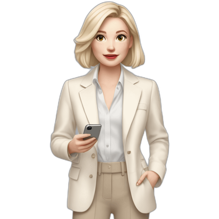 pale skin woman with ash blonde Straightened bob Hair, White Spacious classical jacket, beige palazzo Arrow pants and gray blouse holding white IPhone 14 pro in the hands emoji