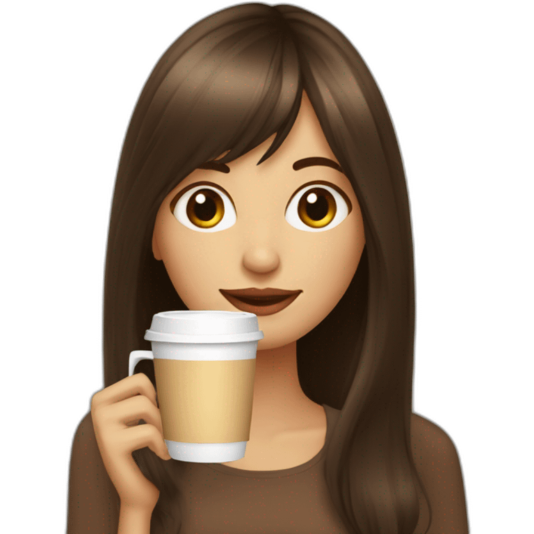 A girl with elongated bangs and long brown hair drinks coffee emoji