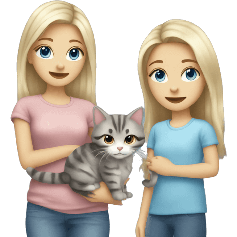 Girl with blonde hair blue eyes holding fluffy gray tabby cat emoji