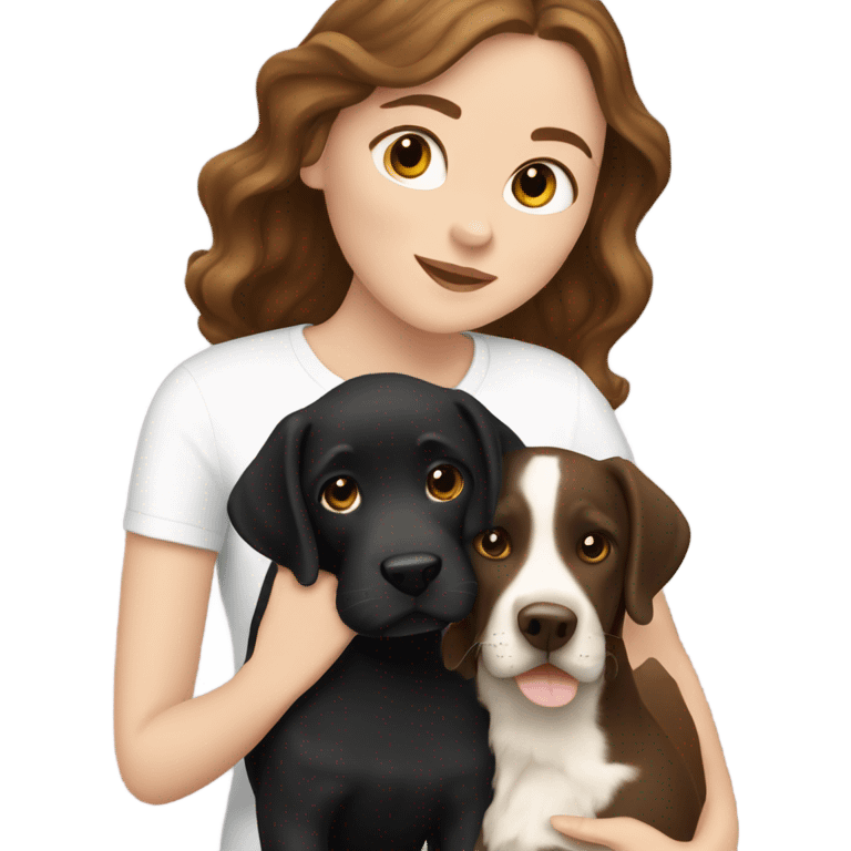 White girl with wavy brown hair holding a black Labrador emoji