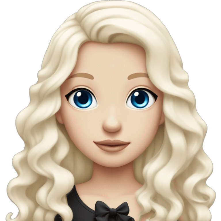 pale blonde girl with long platinum white wavy hair with bright blue eyes and wearing a light pink hair bow holding a black  emoji