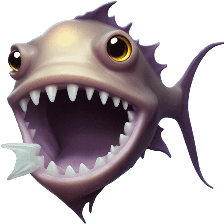 Anglerfish with a glowing lure hanging from its forehead, sharp teeth, and big eyes. emoji