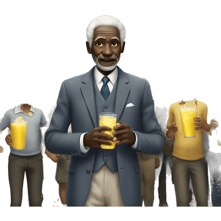 Old African man in a suit with white hair looking over a crowd of children drinking lemonade emoji