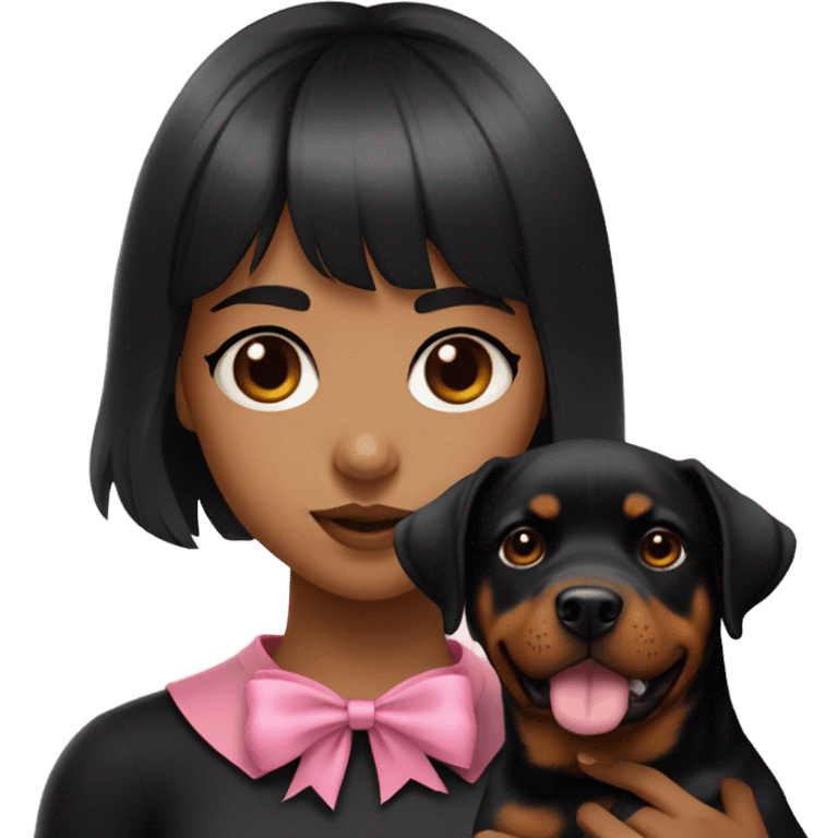 White 22 year old women with brown eyes and black medium length hair with bangs holding a Rottweiler with a pink bow around the dogs neck  emoji