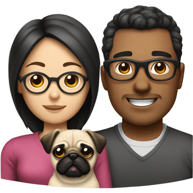 A family with a mom with brown baby hair and glasses a dad with black hair and glasses and a daughter with dirty blonde hair and a pug and a white fluffy dog emoji