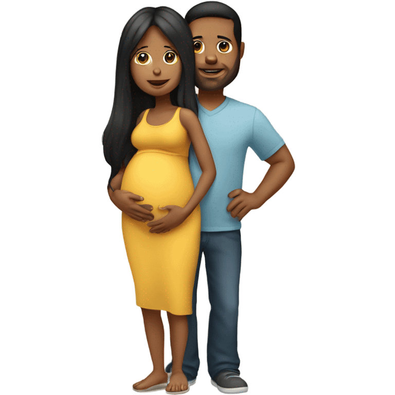 A pregnant woman with black long hair standing next to her husband who is carrying 2 young kids. emoji