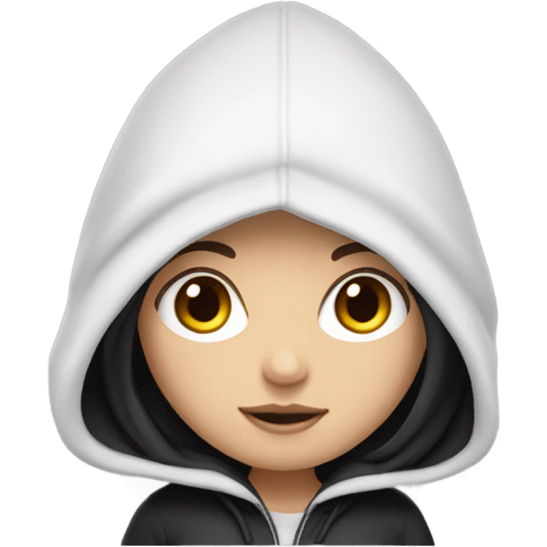 White Girl with black hair wearing hoodie with hood down emoji