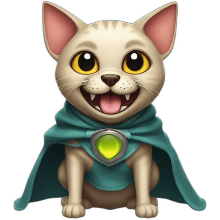 cartoon alien cat-dog with big fangs and a cape emoji