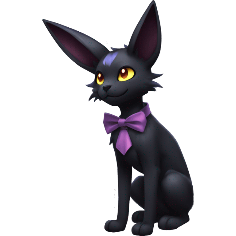 Shiny Dark Cool Edgy Black beautiful ethereal fantasy Kawaii Sona Umbreon-Noibat-Litten-Fakemon-cat-animal with edgy bat-ears bow tie black mane vtuber model Full Body emoji