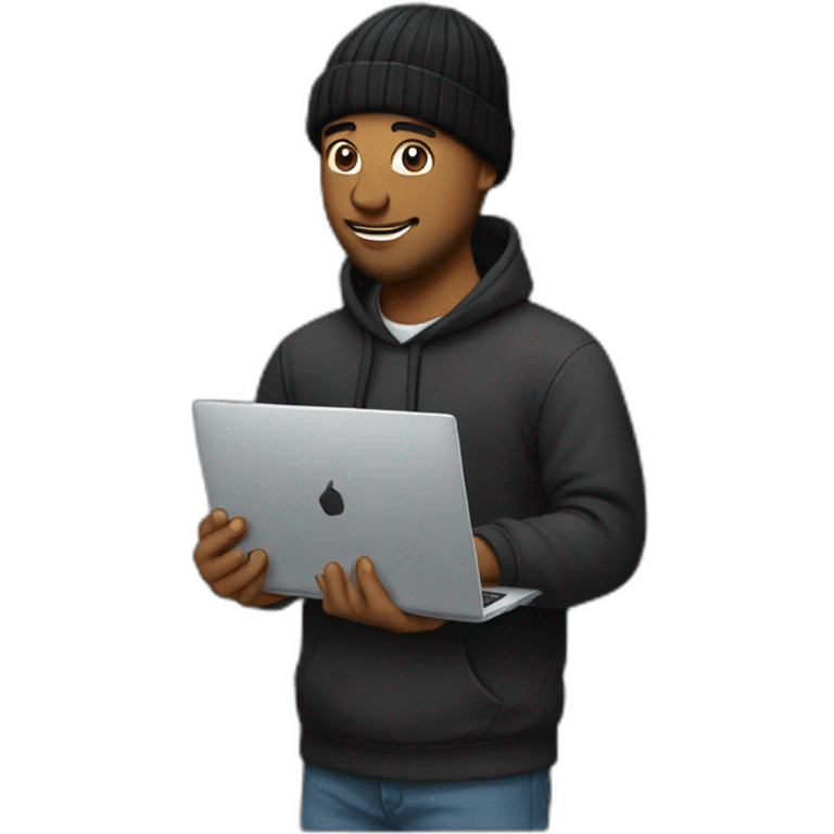 tech guy in with black beanie holding a laptop emoji