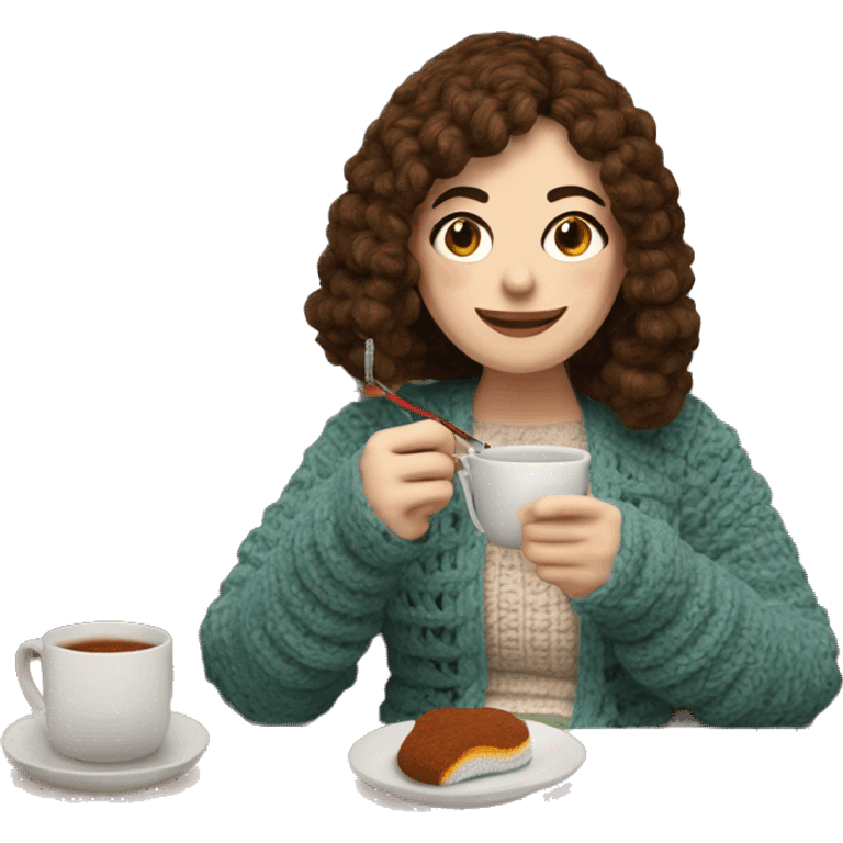 26 year old white woman with brown hair and curtain bangs. She is crocheting with a crochet hook and yarn,  a cardigan. She is sat on a couch with a blanket on her. Near her there is a cup of tea On a table emoji