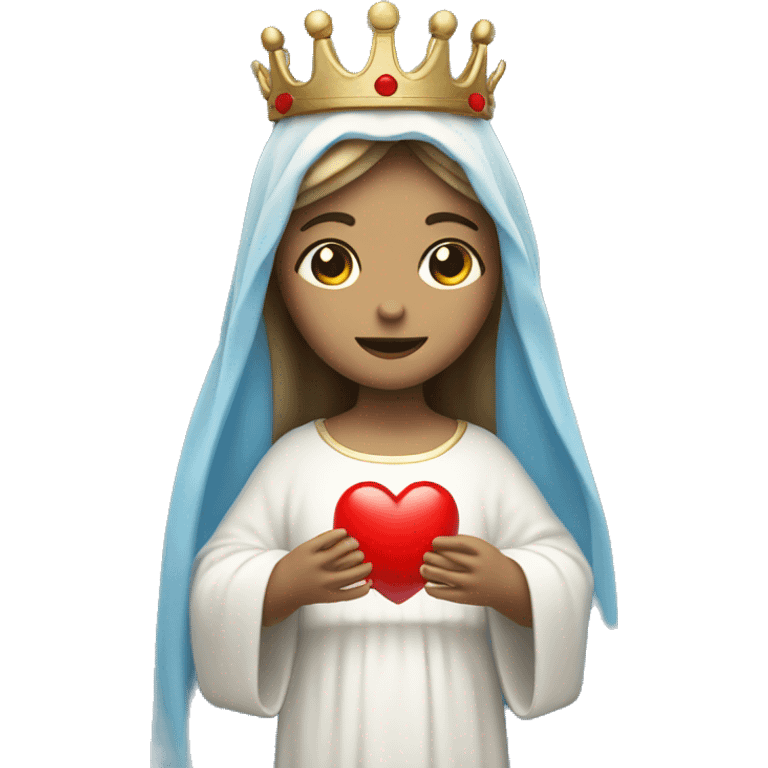 holy mary with a crown, blue veil, white clothes, white skin, holding a red heart in her hands emoji