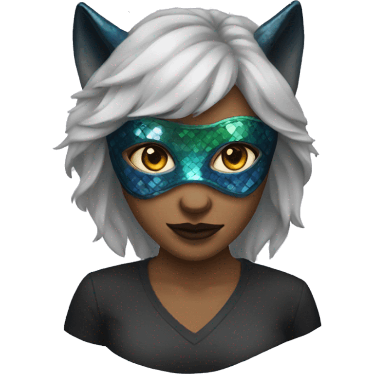 Woman wearing Dark iridescent wolf mask emoji