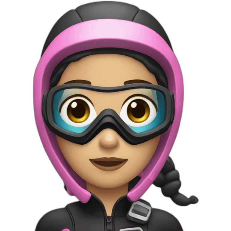 scubadiver woman, with brown and starighthear black suit and Pink dive mask in her blue eyes emoji