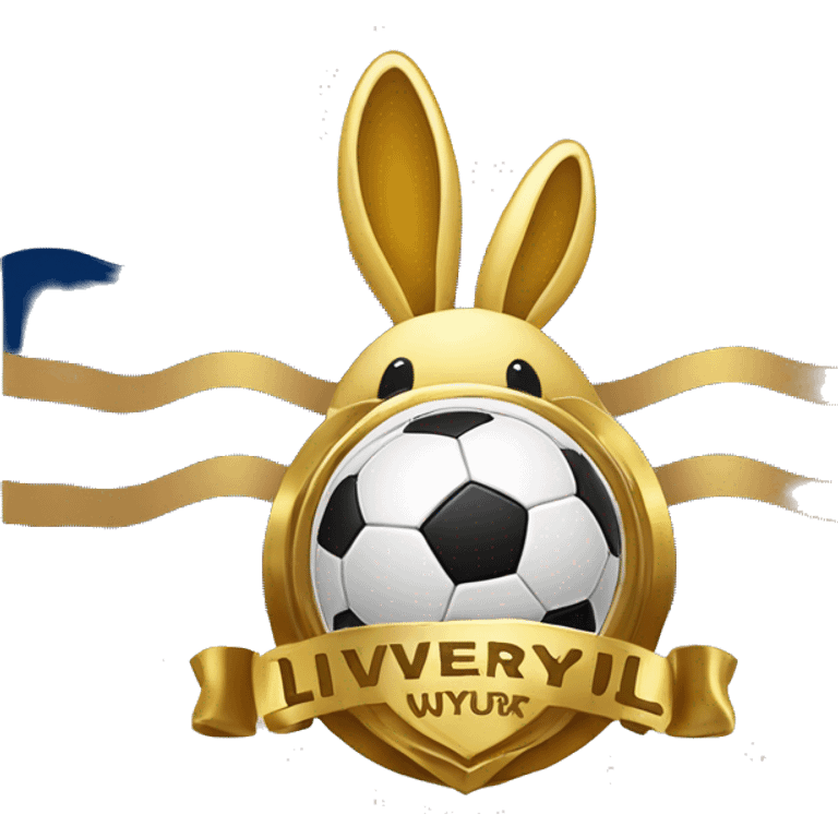 A logo in the middle with a golden rabbit holding a soccer ball. with the inscription "Livernyúl”on top emoji