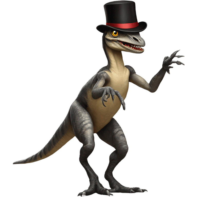 Velociraptor wearing a top hat dancing emoji