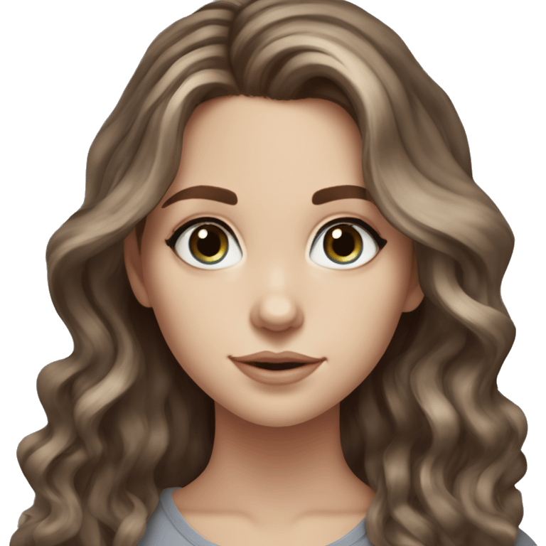 White girl blue grey eyes with long wavy brown hair with brown highlights balayage  emoji