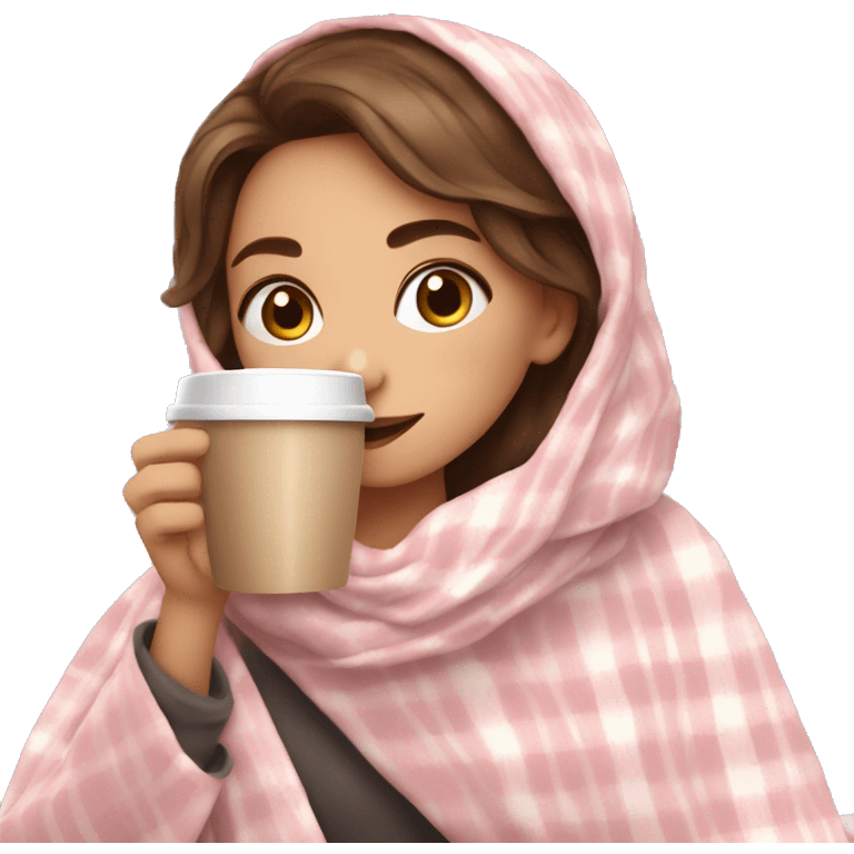 cute  brown hair girl wrapped in pastel pink plaid blanket drinking coffee emoji