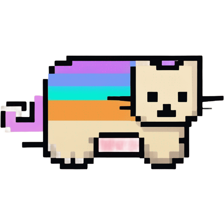 Nyan Cat es un gato de aspecto pixelado con cuerpo de tostada, que vuela por el espacio. Deja un rastro de arcoíris brillante mientras mueve su cola. Tiene una expresión neutral en su rostro y está representado en un estilo retro de 8 bits. emoji