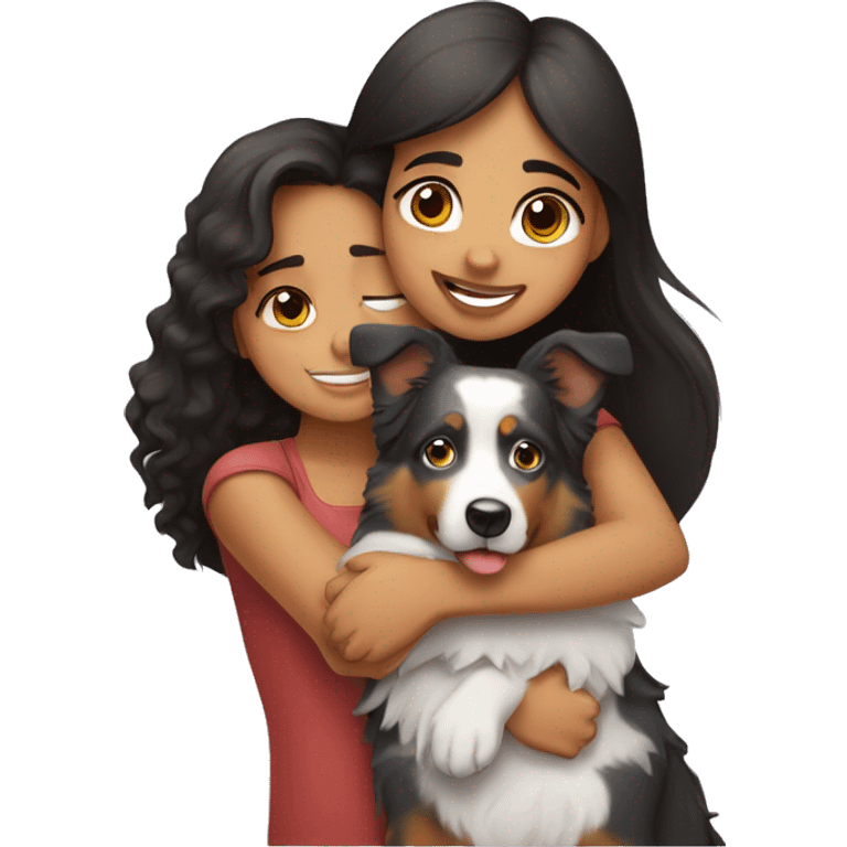 Hispanic girl pretty hugging Australian shepherd dog emoji