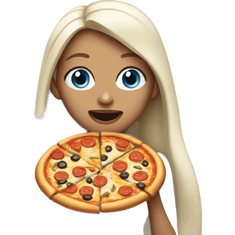 Woman with long black hair and blue eyes eating pizza  emoji