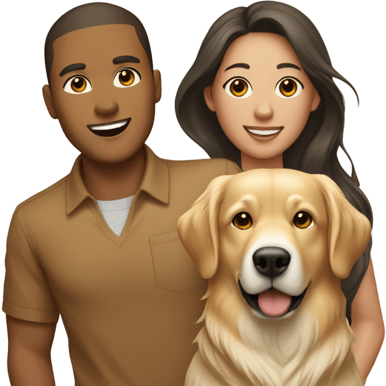 Light brown skin male next to an Asian female with a golden retriever in the middle  emoji