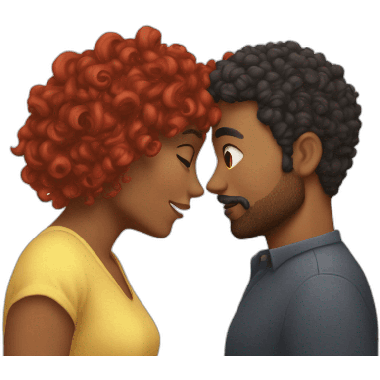 Brown man with a hair cut fade and a beard kissing a White woman with long red curly hair emoji