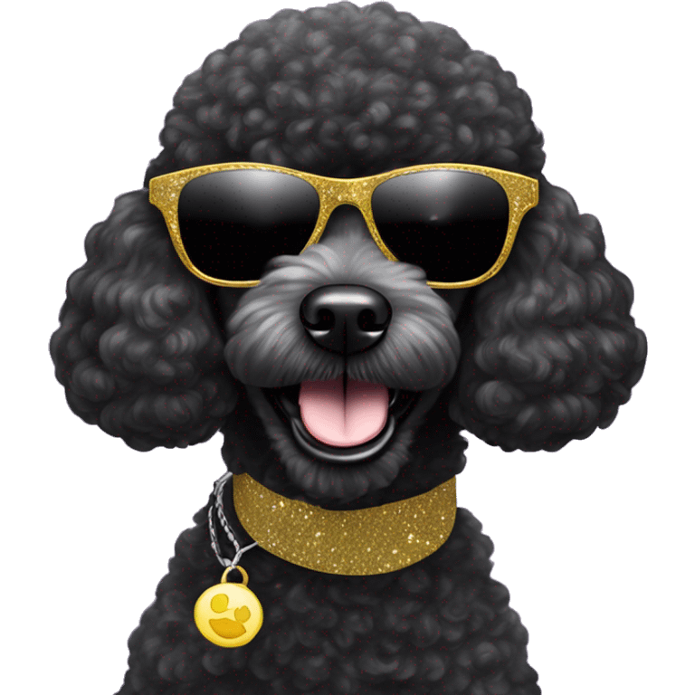 Two BLACK poodle wearing sparkling sunglasses with a big smile. Also with a bandanna around its neck. Dog needs to be all black emoji