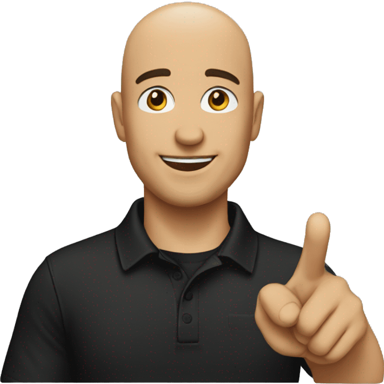 bald man pointing in front wearing a black cap and black polo emoji