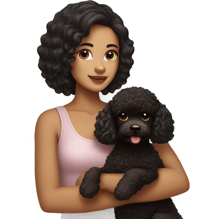 Pretty girl with black hair holding a brown toy poodle  emoji