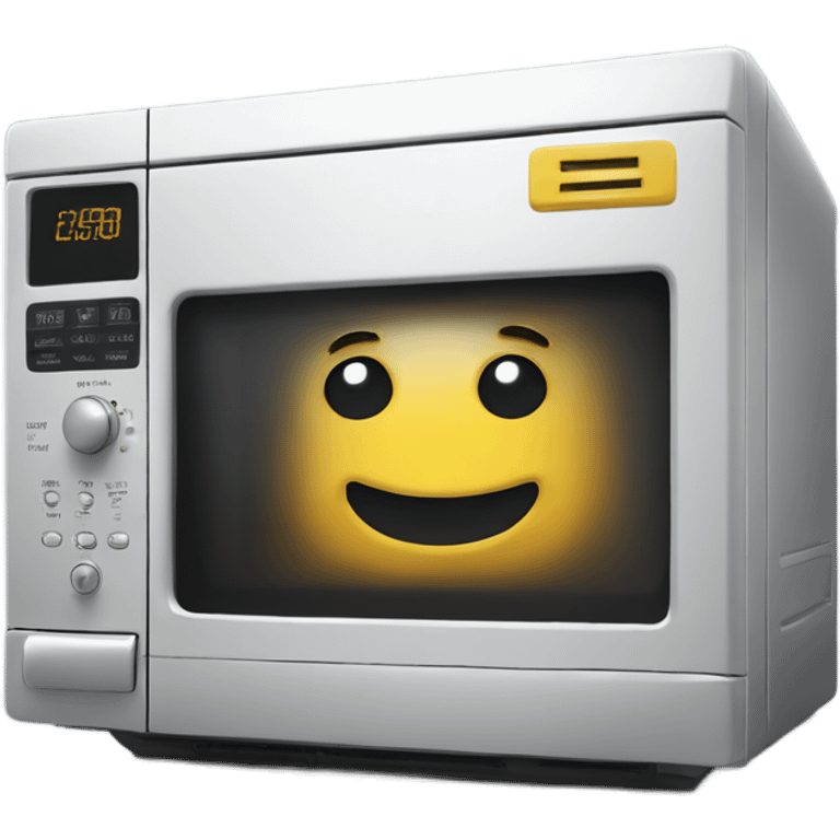 A microwave oven with a smiley face with a sly look in it emoji